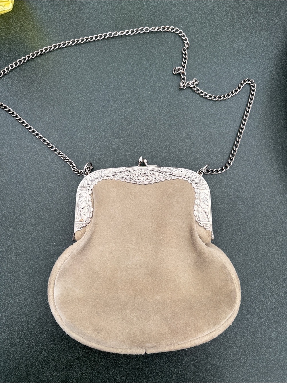 Vintage-Style Taupe beige Suede Evening Crossbody Bag with Silver Frame